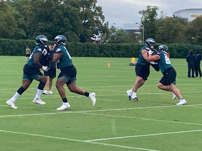 Eagles offensive linemen practice in preparation for a Week 3 matchup vs. the Washington Commanders in Landover, Md.
